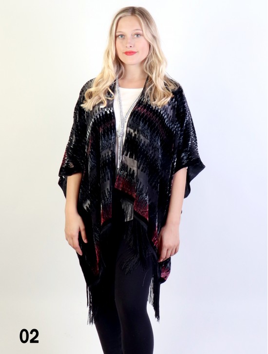 Sheer Velvet Ink Print Cape W/ Fringes